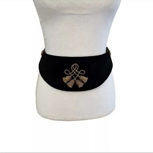 Vintage Anne Klein Black Suede Statement Belt With Gold Tassel Emblem Size Small